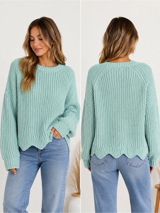 Zenana Outfitters Sweaters - Zenana Mint Green Chunky Knit Scallop Hem Sweater – Size Large